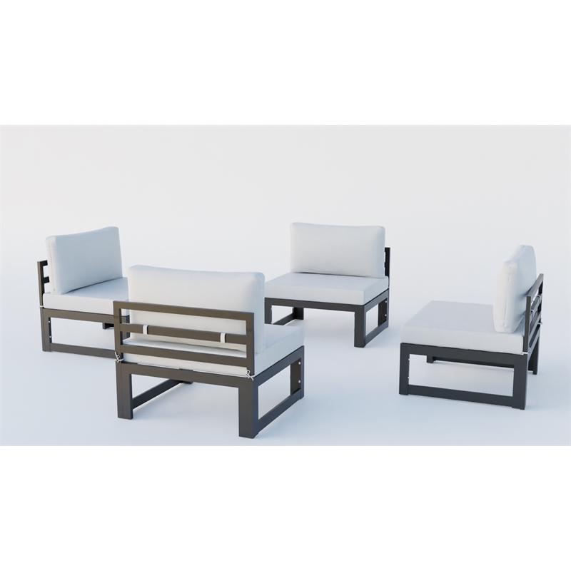 LeisureMod Chelsea 4-Piece Armless Patio Chairs with Light Grey Cushions