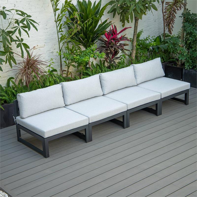 LeisureMod Chelsea 4-Piece Armless Patio Chairs with Light Grey Cushions