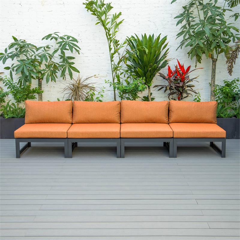 LeisureMod Chelsea 4-Piece Armless Patio Chairs with Orange Cushions