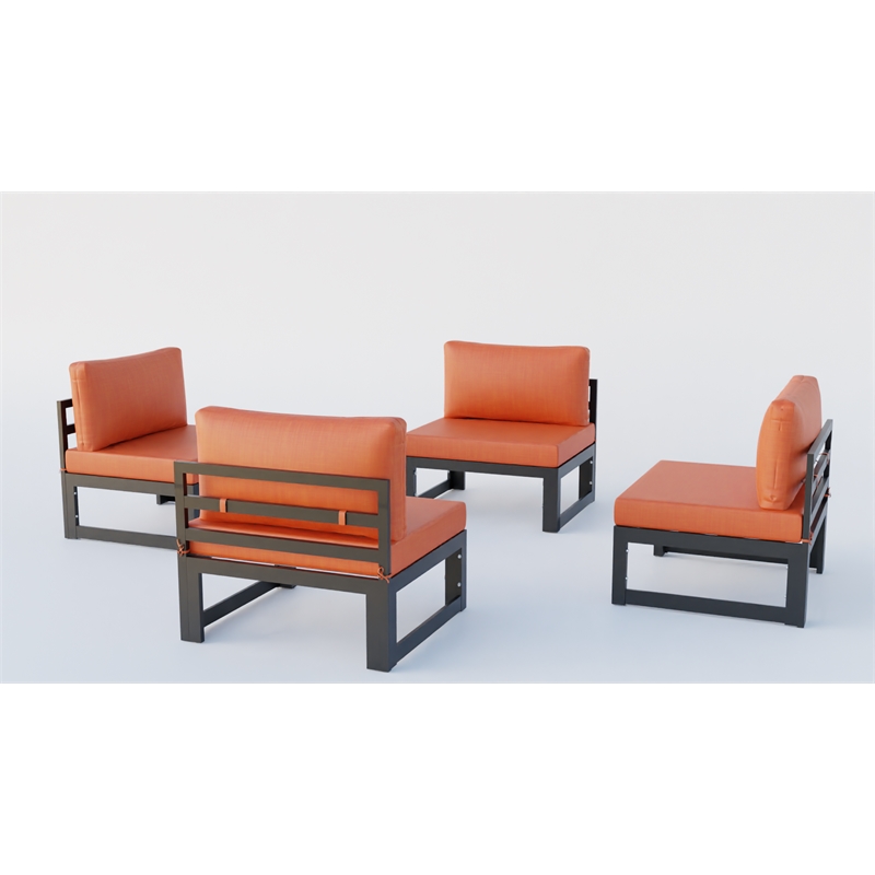 LeisureMod Chelsea 4-Piece Armless Patio Chairs with Orange Cushions