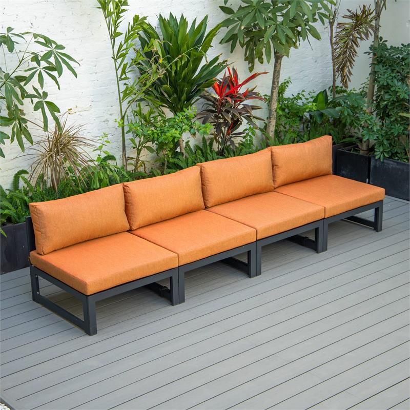 LeisureMod Chelsea 4-Piece Armless Patio Chairs with Orange Cushions