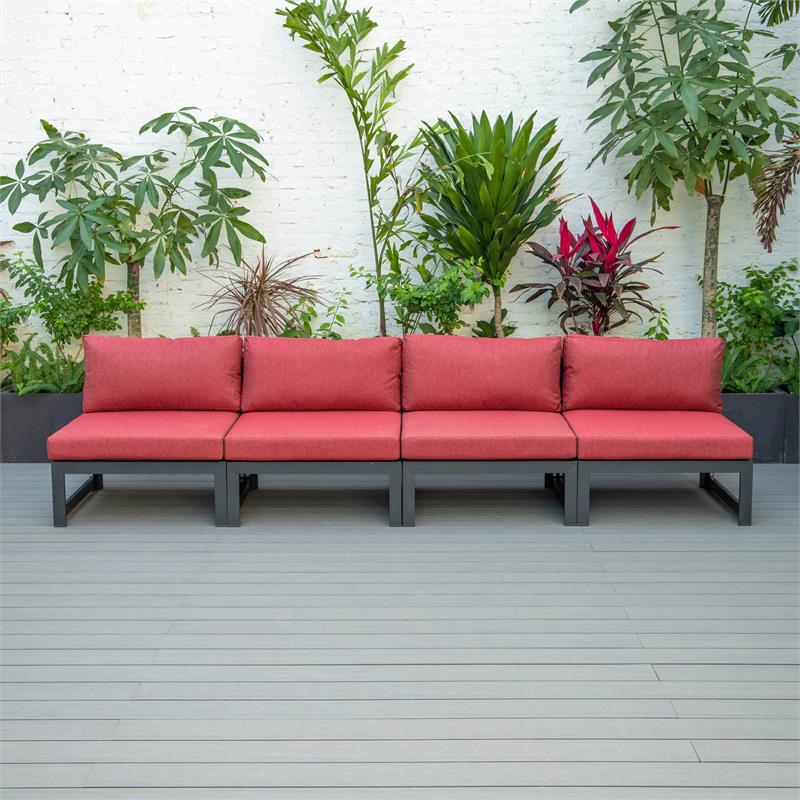 leisuremod chelsea 4-piece armless patio chairs with red cushions