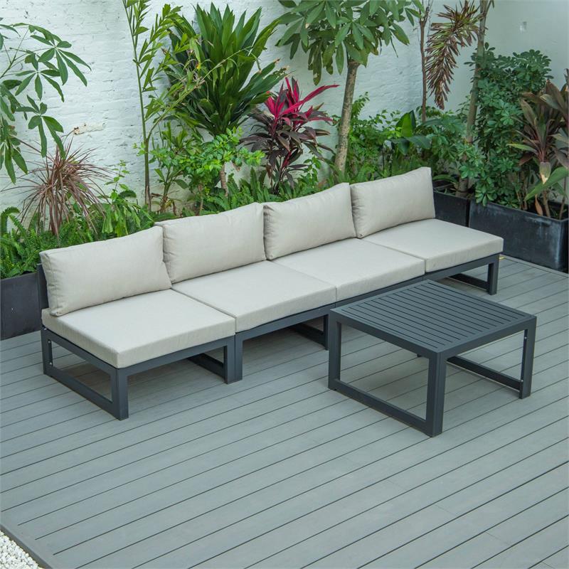 LeisureMod Chelsea 5-Piece Beige Armless Patio Chairs and Coffee Table Set