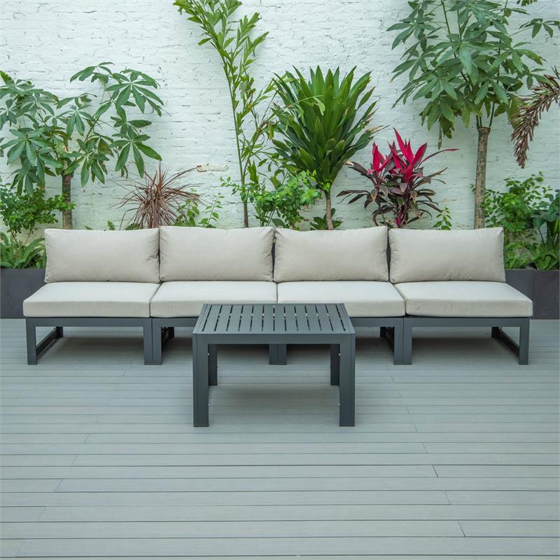 LeisureMod Chelsea 5-Piece Beige Armless Patio Chairs and Coffee Table Set