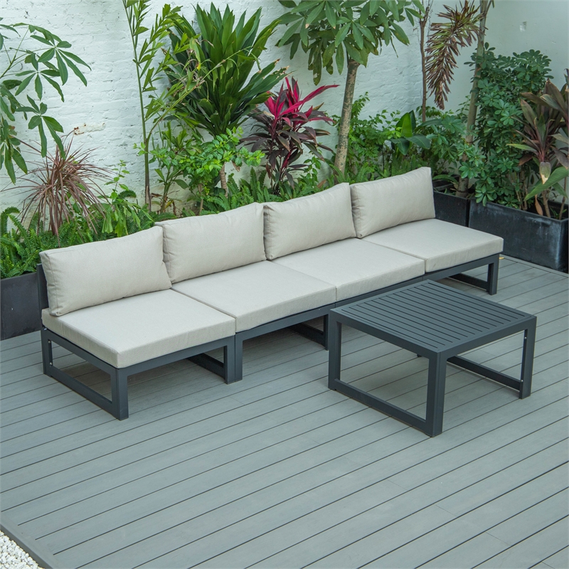 LeisureMod Chelsea 5-Piece Beige Armless Patio Chairs and Coffee Table Set