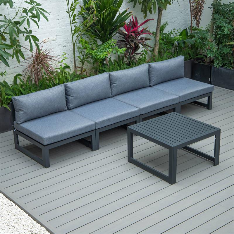 LeisureMod Chelsea 5-Piece Blue Armless Patio Chairs and Coffee Table Set