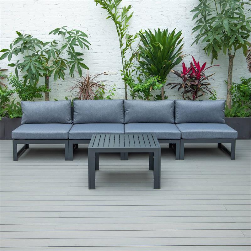 LeisureMod Chelsea 5-Piece Blue Armless Patio Chairs and Coffee Table Set