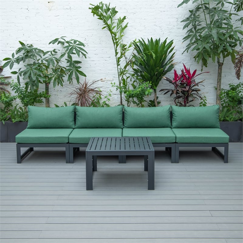 LeisureMod Chelsea 5-Piece Green Armless Patio Chairs and Coffee Table Set