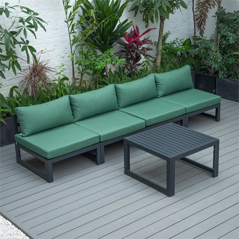 LeisureMod Chelsea 5-Piece Green Armless Patio Chairs and Coffee Table Set