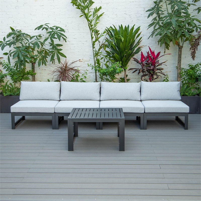 LeisureMod Chelsea 5-Piece Light Grey Armless Patio Chairs and Coffee Table Set