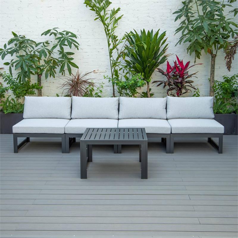LeisureMod Chelsea 5-Piece Light Grey Armless Patio Chairs and Coffee Table Set