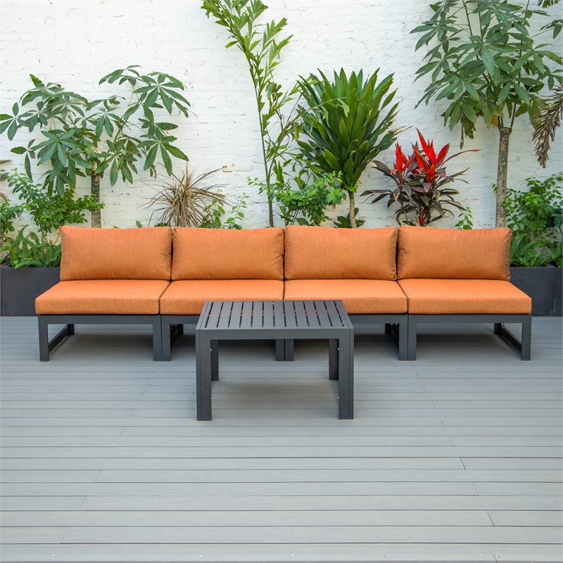LeisureMod Chelsea 5-Piece Orange Armless Patio Chairs and Coffee Table Set