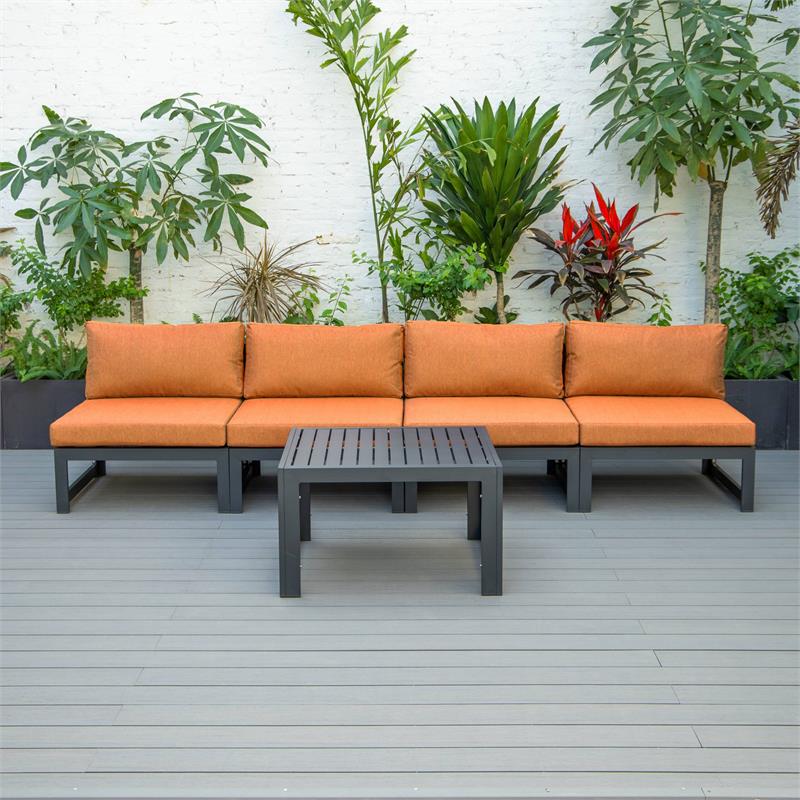 LeisureMod Chelsea 5-Piece Orange Armless Patio Chairs and Coffee Table Set