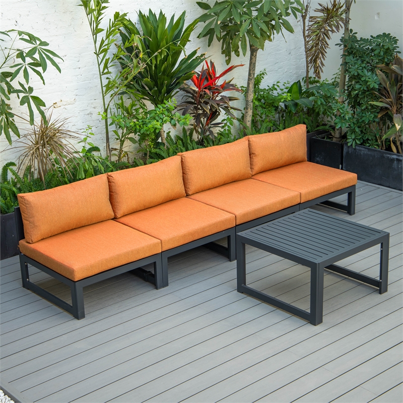 LeisureMod Chelsea 5-Piece Orange Armless Patio Chairs and Coffee Table Set
