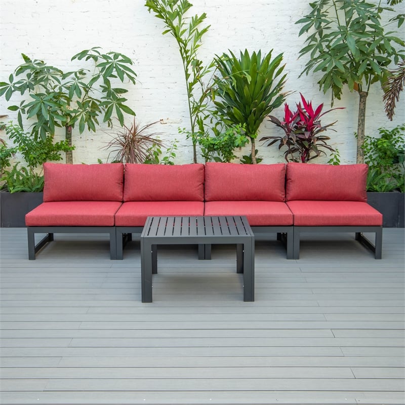 LeisureMod Chelsea 5-Piece Red Armless Patio Chairs and Coffee Table Set