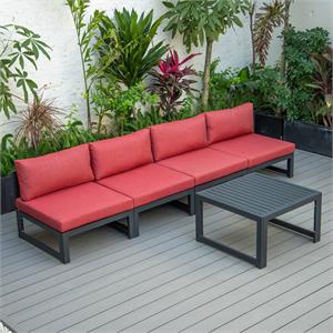LeisureMod Chelsea 5-Piece Red Armless Patio Chairs and Coffee Table Set