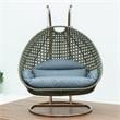 LeisureMod Outdoor Beige Wicker Hanging Double Egg Swing Chair in Charcoal Blue