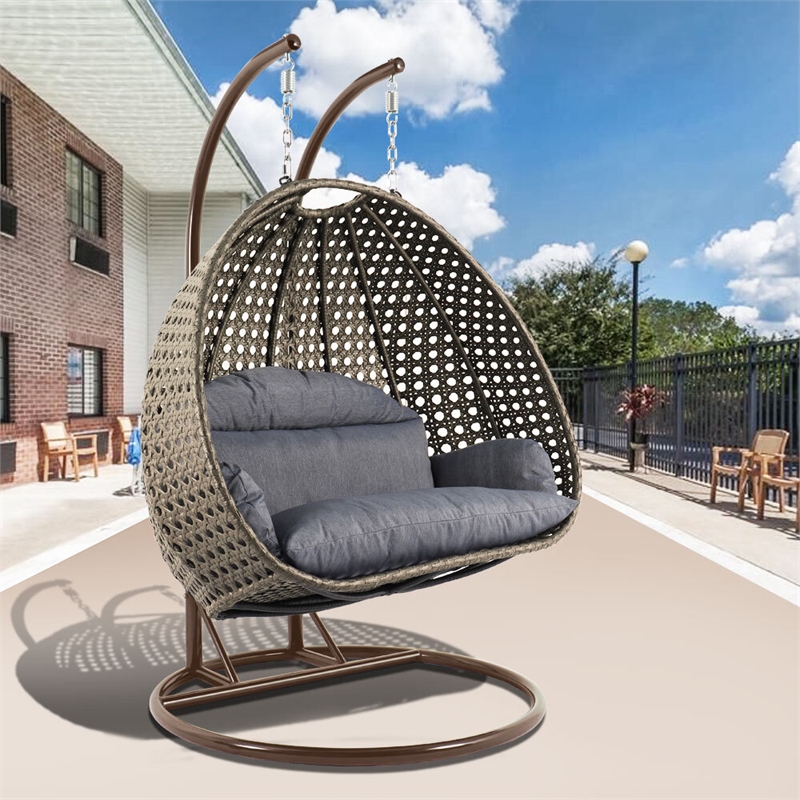 LeisureMod Outdoor Beige Wicker Hanging Double Egg Swing
