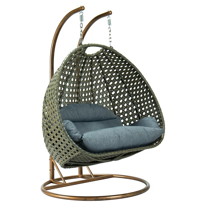 LeisureMod Outdoor Beige Wicker Hanging Double Egg Swing Chair in Charcoal Blue