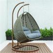 LeisureMod Outdoor Beige Wicker Hanging Double Egg Swing Chair in Charcoal Blue