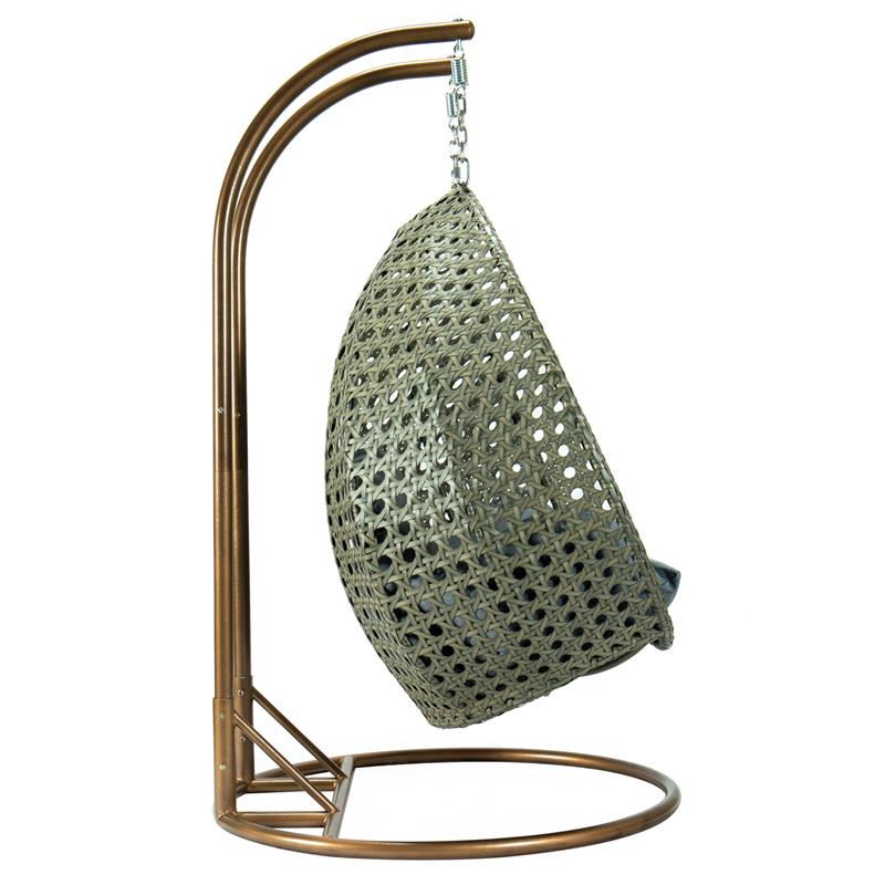 LeisureMod Outdoor Beige Wicker Hanging Double Egg Swing Chair in Charcoal Blue