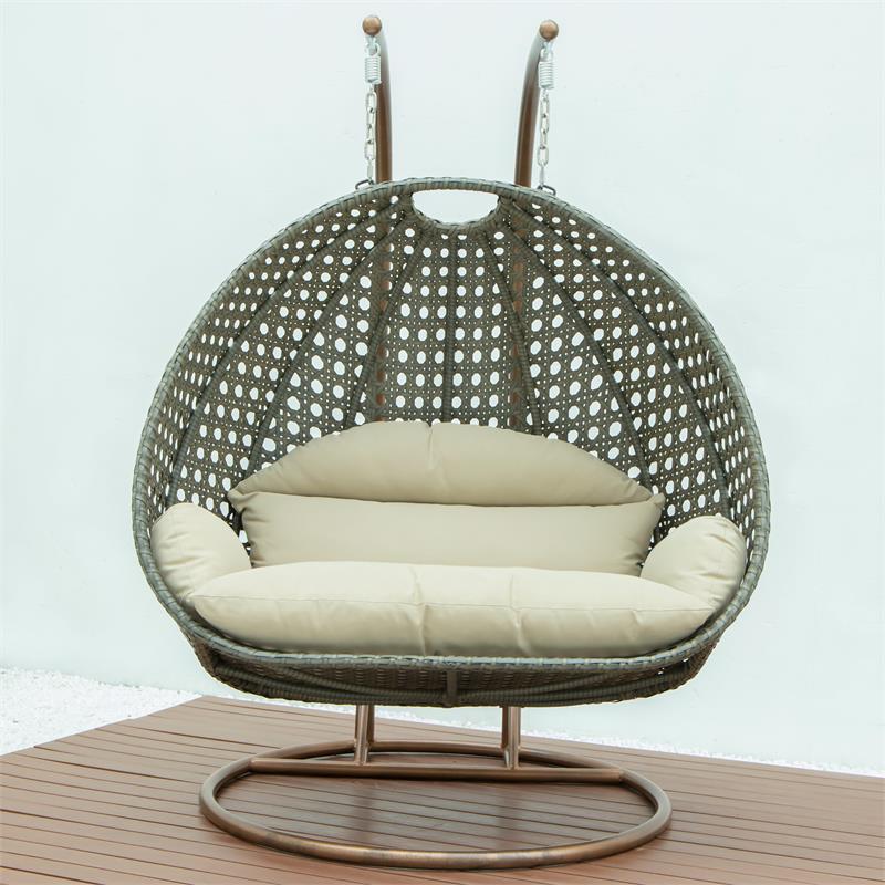 LeisureMod Outdoor Beige Wicker Hanging Double Egg Swing Chair in Taupe