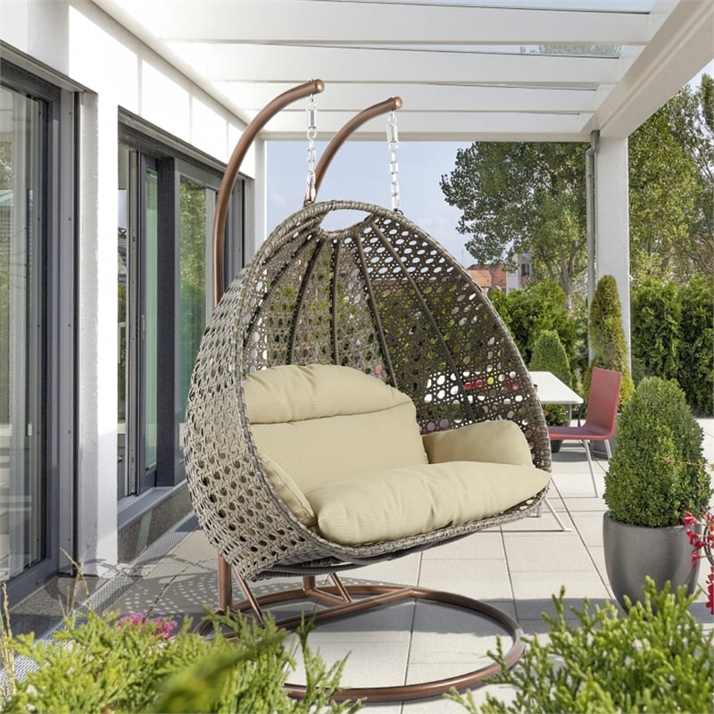 LeisureMod Outdoor Beige Wicker Hanging Double Egg Swing Chair in Taupe