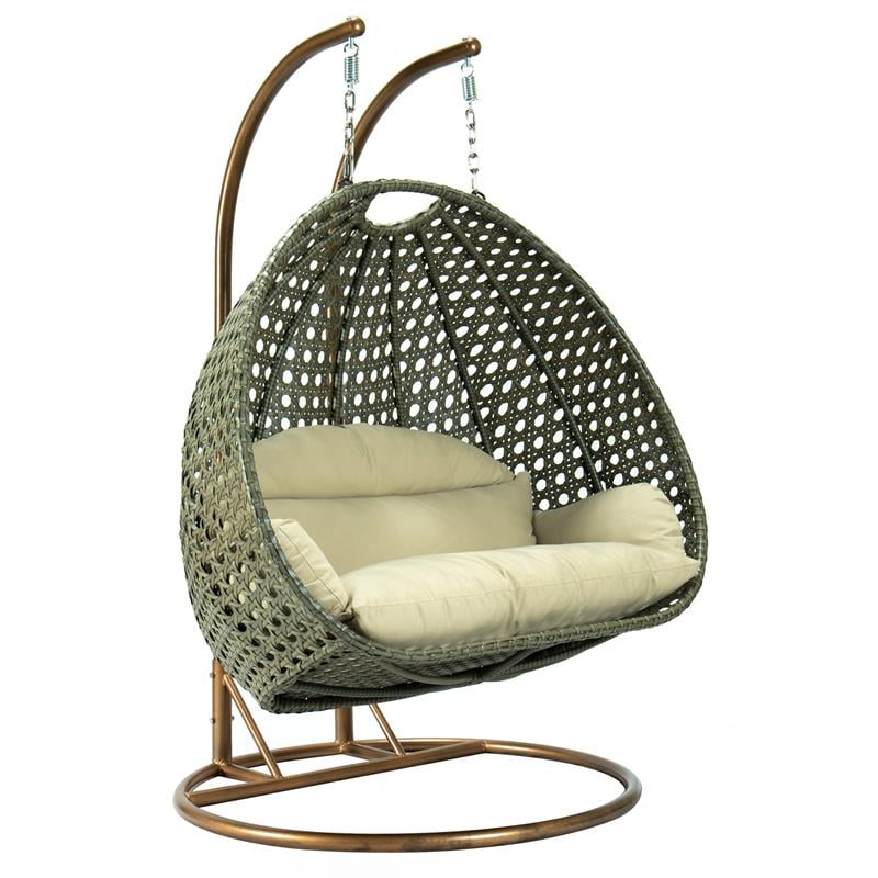 LeisureMod Outdoor Beige Wicker Hanging Double Egg Swing Chair in Taupe