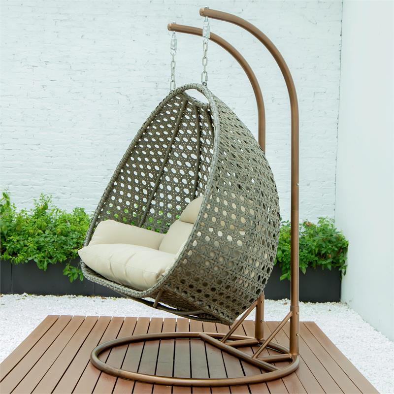 LeisureMod Outdoor Beige Wicker Hanging Double Egg Swing Chair in Taupe