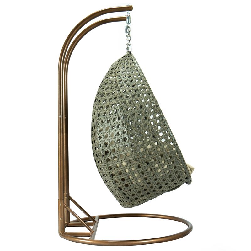 LeisureMod Outdoor Beige Wicker Hanging Double Egg Swing Chair in Taupe