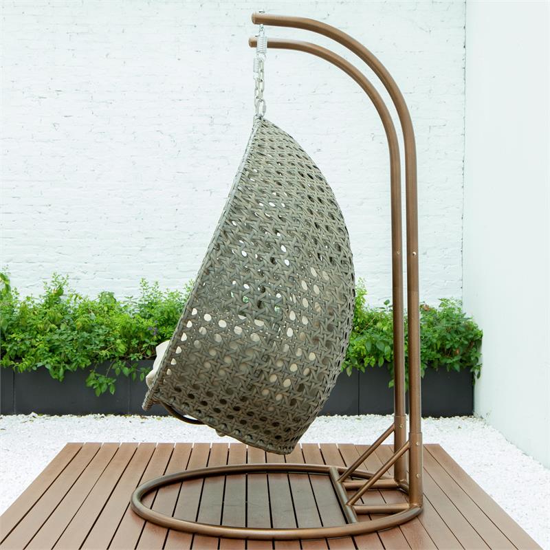 LeisureMod Outdoor Beige Wicker Hanging Double Egg Swing Chair in Taupe