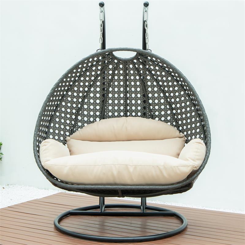 LeisureMod Outdoor Charcoal Wicker Hanging Double Egg Swing Chair in Beige