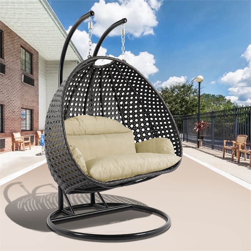 LeisureMod Outdoor Charcoal Wicker Hanging Double Egg Swing Chair in Beige