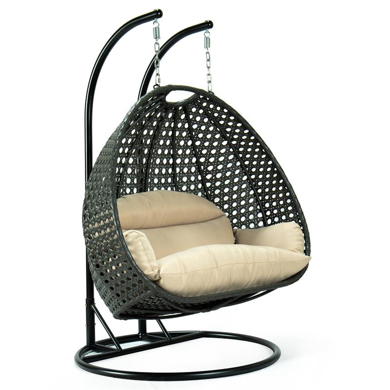LeisureMod Outdoor Charcoal Wicker Hanging Double Egg Swing Chair in Beige