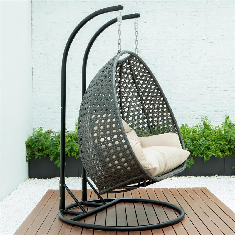 LeisureMod Outdoor Charcoal Wicker Hanging Double Egg Swing Chair in Beige