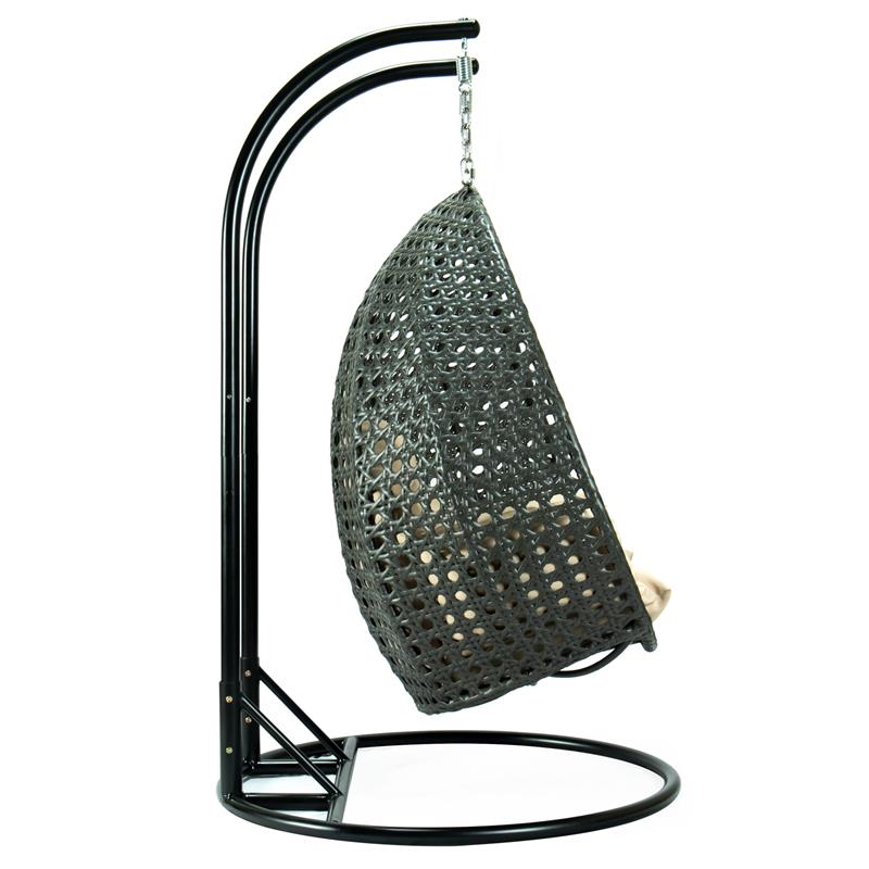 LeisureMod Outdoor Charcoal Wicker Hanging Double Egg Swing Chair in Beige