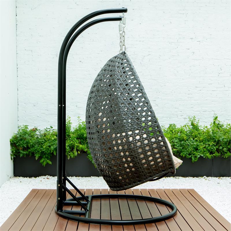 LeisureMod Outdoor Charcoal Wicker Hanging Double Egg Swing Chair in Beige