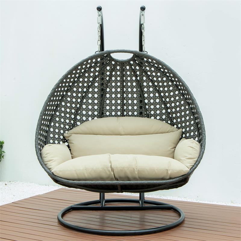 LeisureMod Outdoor Charcoal Wicker Hanging Double Egg Swing Chair in Taupe