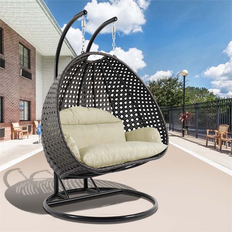 LeisureMod Outdoor Charcoal Wicker Hanging Double Egg Swing Chair in Taupe