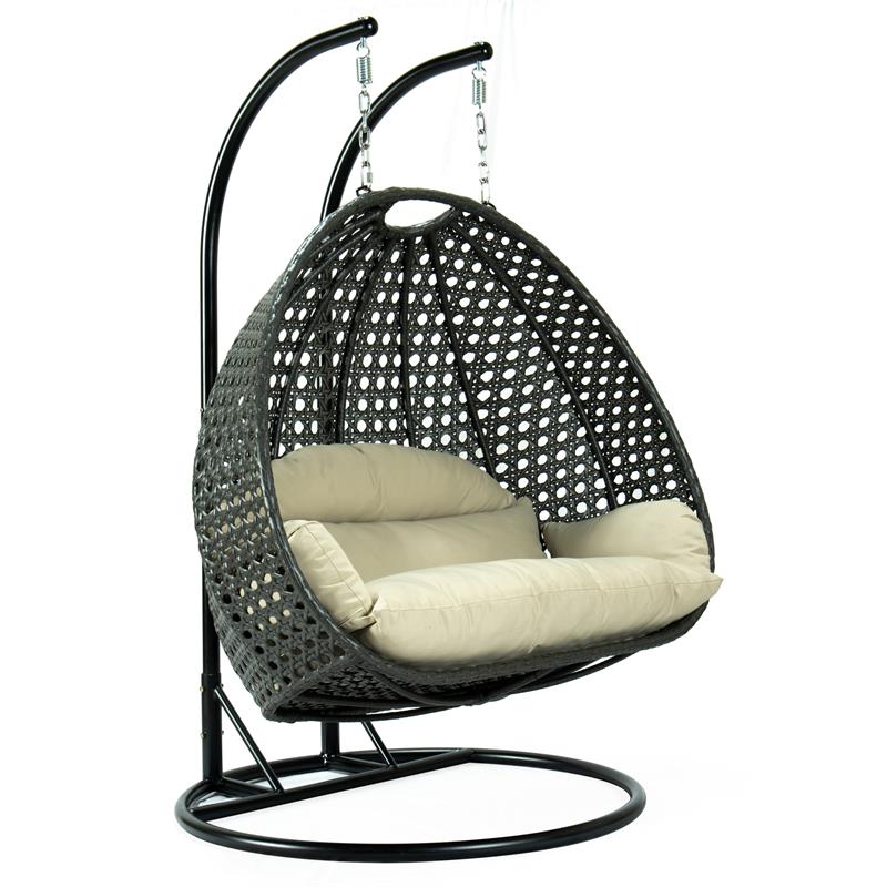 LeisureMod Wicker 2 Person Hanging Egg Swing Chair With Cushion Indoor  Outdoor Use in Charcoal Blue 