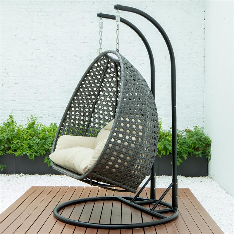 LeisureMod Outdoor Charcoal Wicker Hanging Double Egg Swing Chair in Taupe