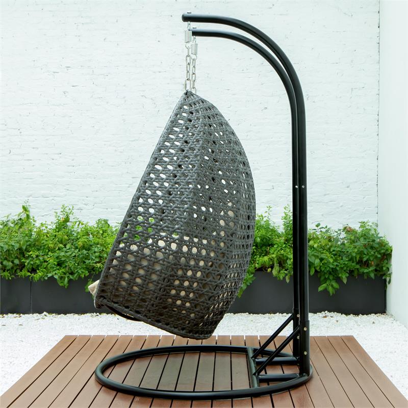 LeisureMod Outdoor Charcoal Wicker Hanging Double Egg Swing Chair in Taupe