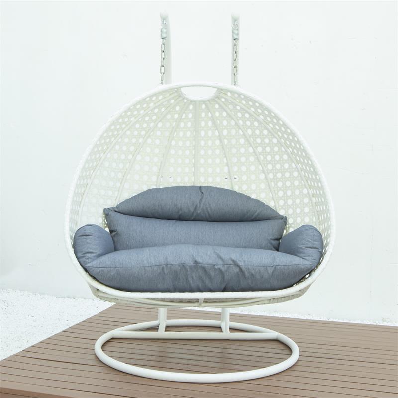 LeisureMod Outdoor White Wicker Hanging Double Egg Swing Chair in Charcoal Blue