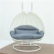 LeisureMod Outdoor White Wicker Hanging Double Egg Swing Chair in Charcoal Blue