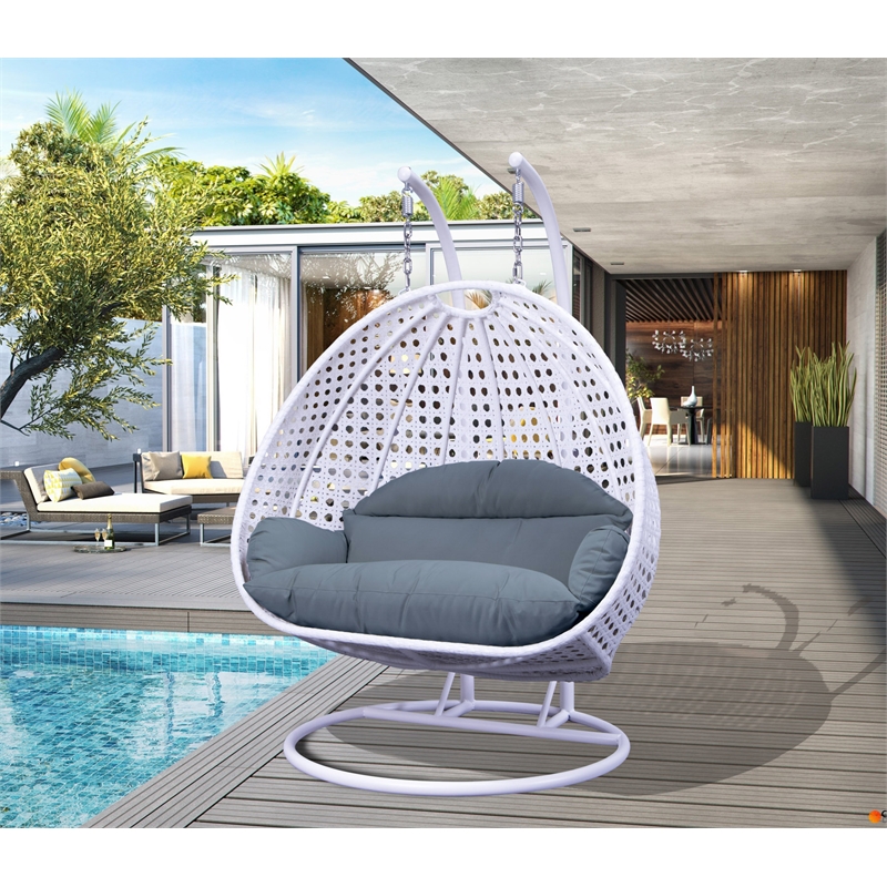 LeisureMod Outdoor White Wicker Hanging Double Egg Swing Chair in Charcoal Blue