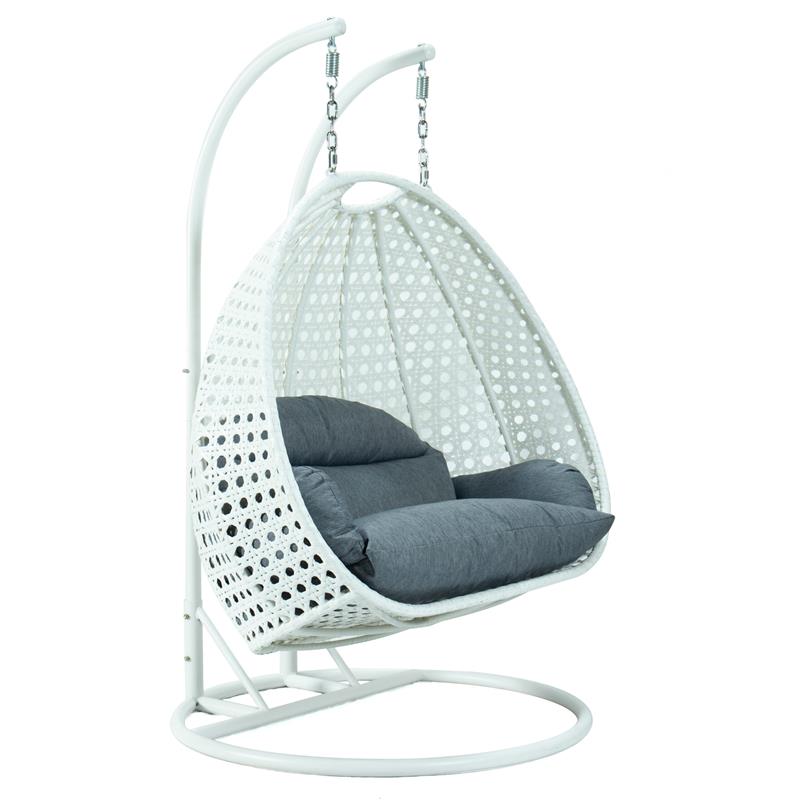 LeisureMod Outdoor White Wicker Hanging Double Egg Swing Chair in Charcoal Blue