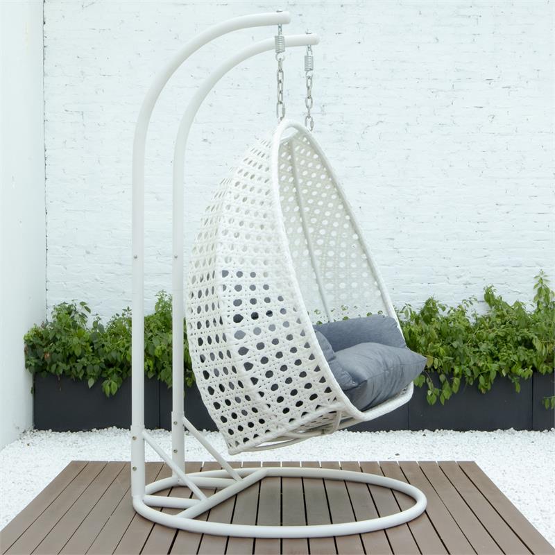 LeisureMod Outdoor White Wicker Hanging Double Egg Swing Chair in Charcoal Blue