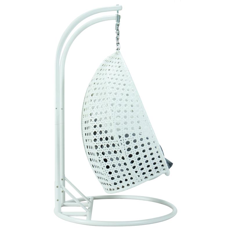 LeisureMod Outdoor White Wicker Hanging Double Egg Swing Chair in Charcoal Blue