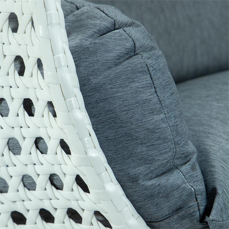 LeisureMod Outdoor White Wicker Hanging Double Egg Swing Chair in Charcoal Blue