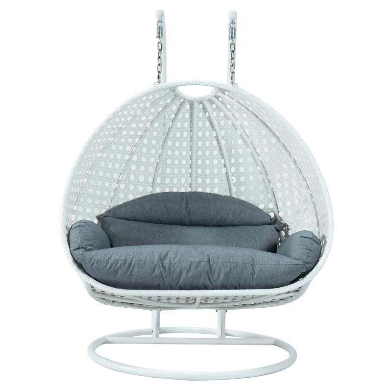 LeisureMod Outdoor White Wicker Hanging Double Egg Swing Chair in Charcoal Blue